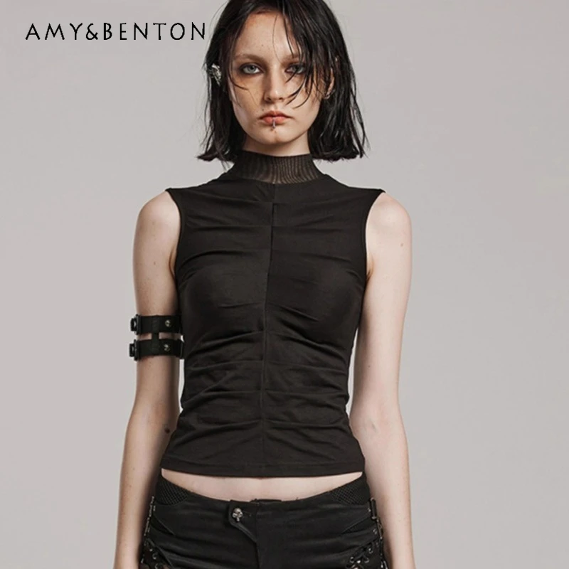 

European American Dark Gothic Black Ruched Women's Clothing 2025 Summer New Tight Retro Short Cropped Sleeveless Vest Ladies