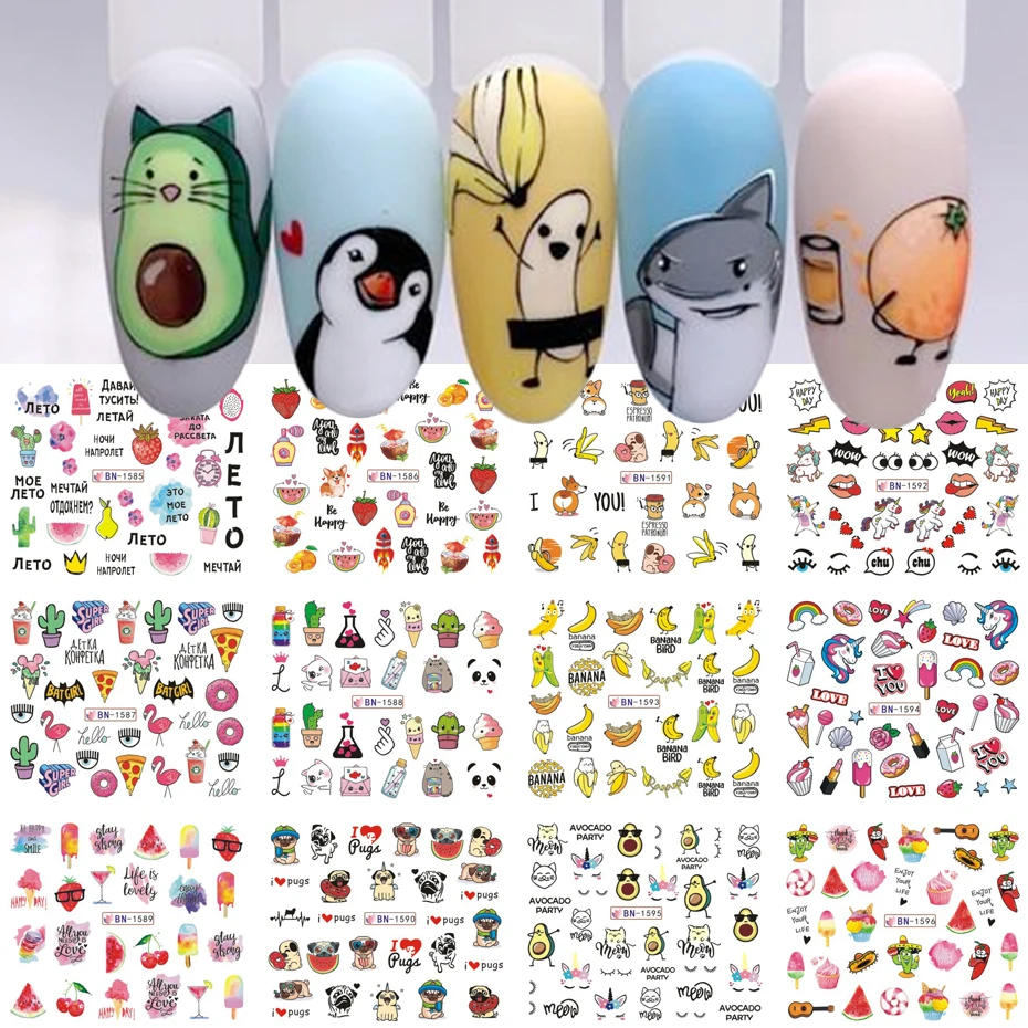 12 Design Water Transfer Nails Stickers Sliders Kawaii Cartoon Avocado Decals DIY Summer Spring Gel Polish Manicure Decoration