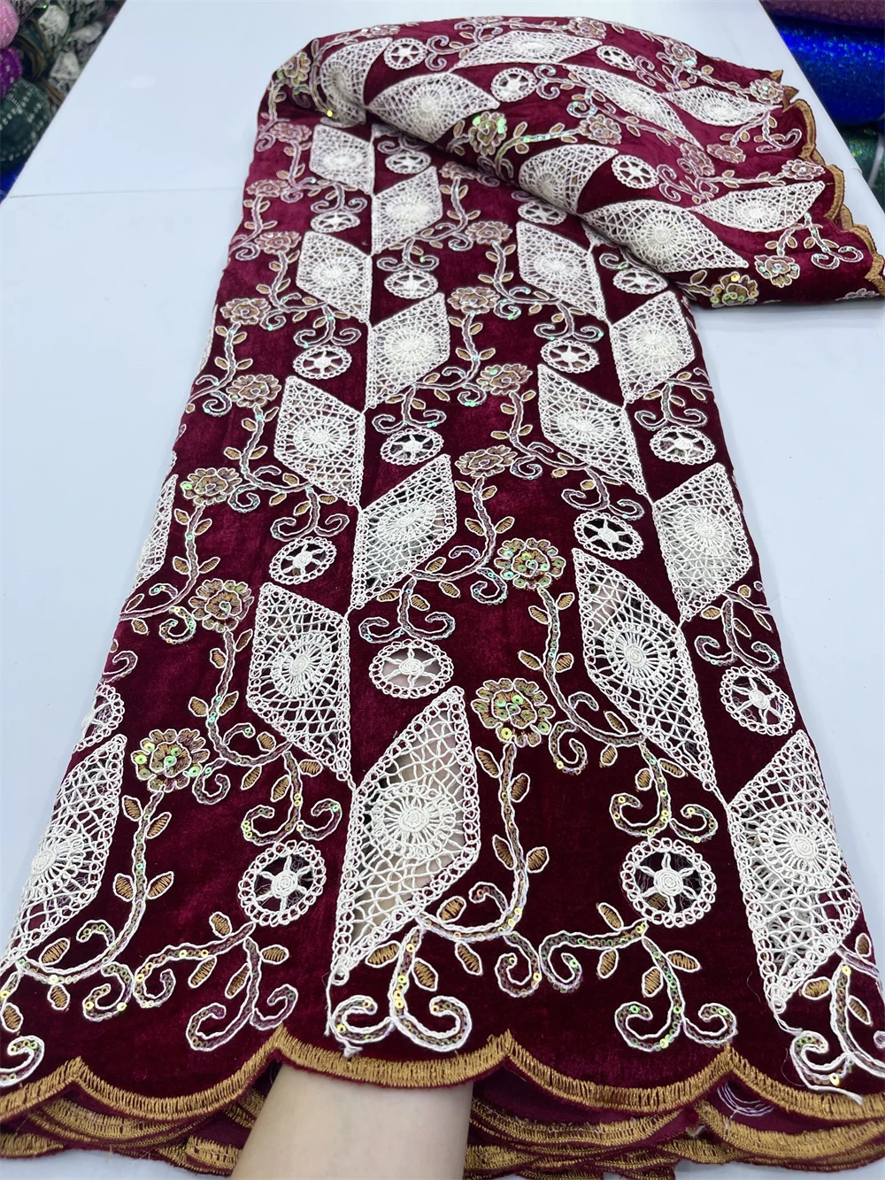 2024 Nigerian African Embroidery Lace Sequin Fabric,wedding Dresses,Tulle,Cotton Fabrics By The Meter,High Quality,5 Yards