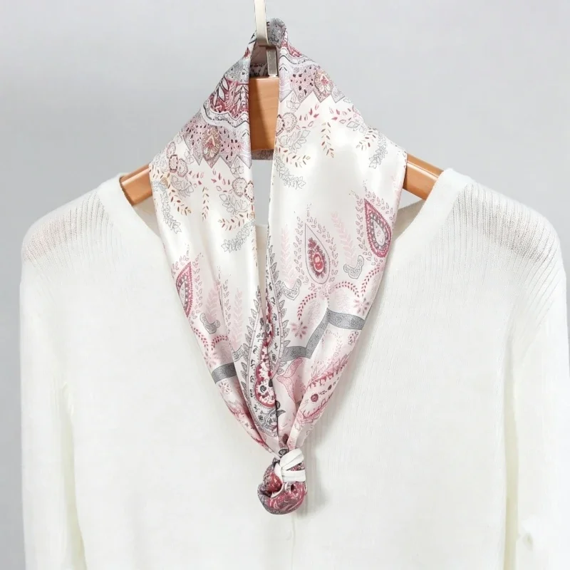 100% Mulberry Silk Double Crepe Square Scarf Romantic Pink Paisley Pattern Luxury All Match Female Daily Fashion Neck Accessory