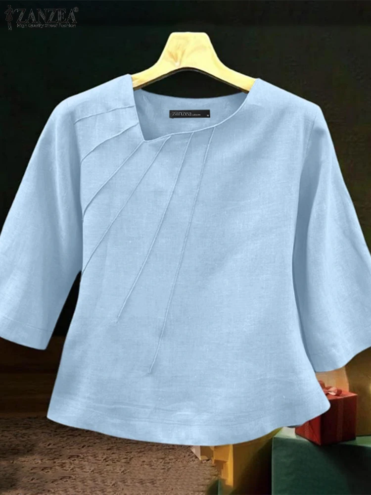 2025 ZANZEA بلوزات الخريف النساء خمر ملابس علوية من القطن 3/4 كم غير النظامية الرقبة Blusas أنيقة مطوي قميص العمل Mujer فام