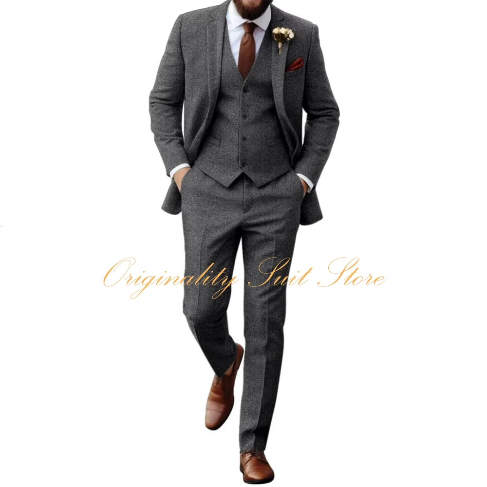 Setelan Jas Herringbone Tweed Retro untuk Pria, Slim Fit, Tuxedo Pengantin 3 Potong (Jaket, Rompi, Celana), Setelan Jas untuk Pernikahan/Pesta