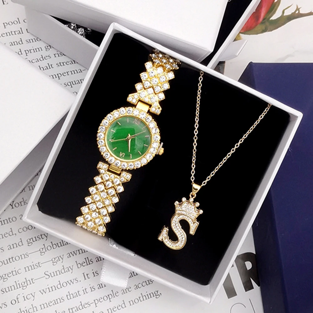 Luxury Rhinestone Watch Women Watch Set Ladies Female Clock Montre Femme Relogio Zirconia Crown Letter Pendant Necklace With Box