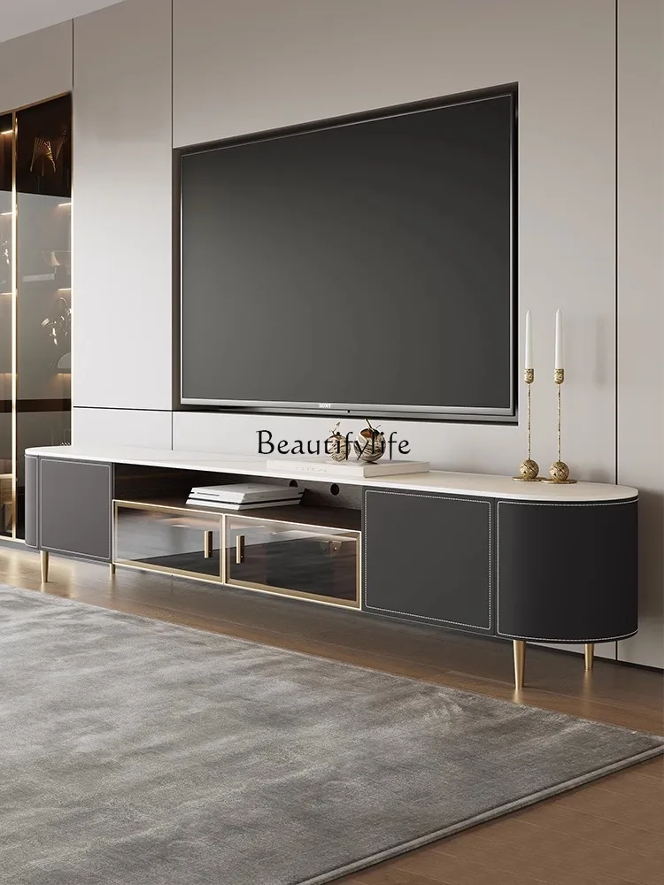 Italian-Style Light Luxury TV Cabinet Living Room Modern Minimalist Gray Saddle Leather Solid Wood Storage Floor Cabinet