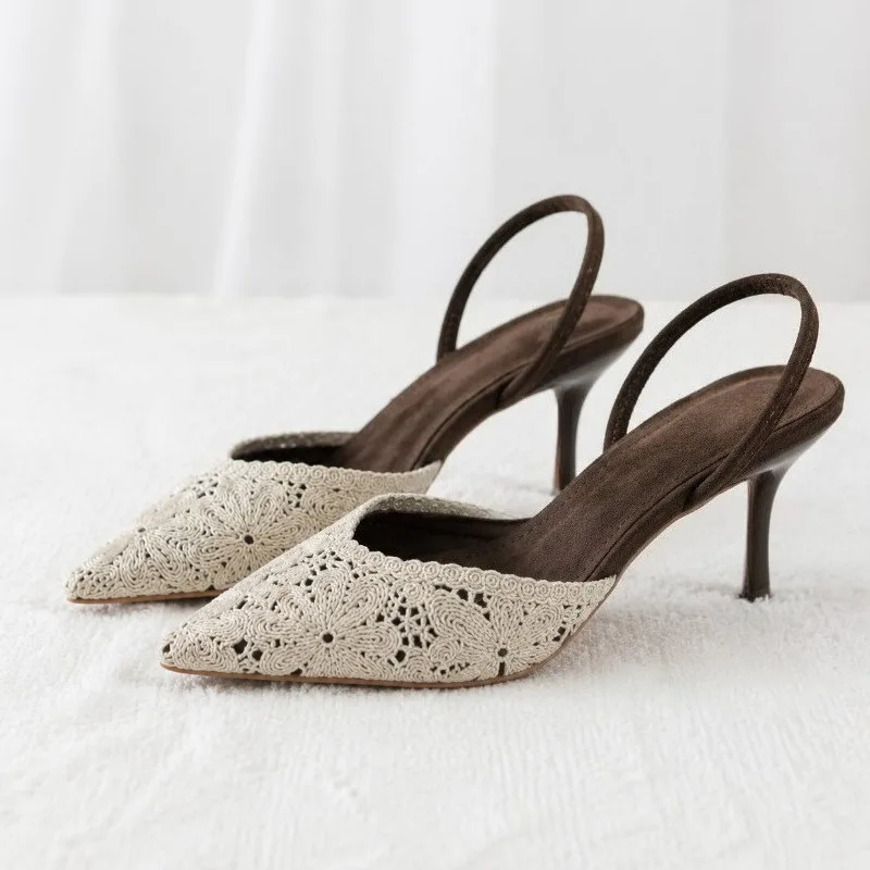 Women's Elegant Beige Embroidered Pointed Toe Slingback Mules Kitten Heels Brown Faux suede Ankle Strap Dress Shoes Summer 2026
