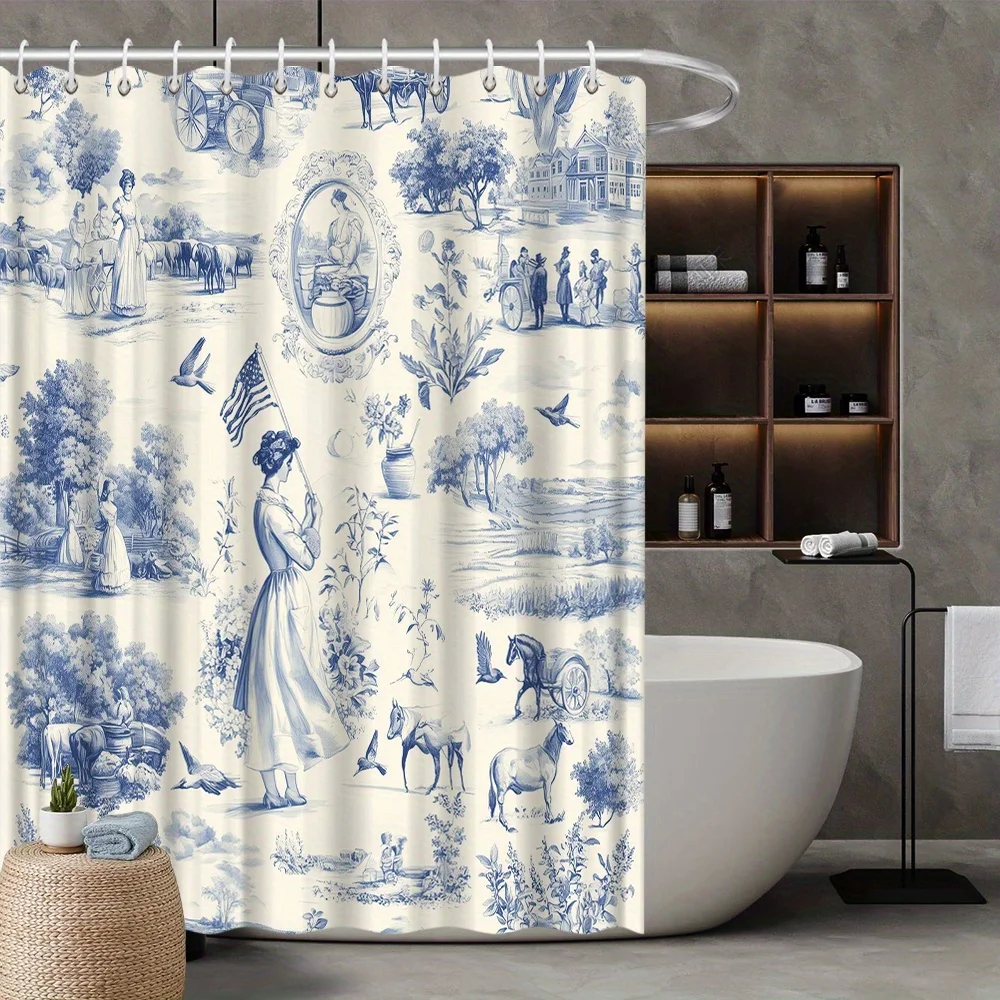 

Vintage Americana Shower Curtain, 19th Century Folk Art with Woman & Flag, Farm Animals, Horse-Drawn Carriage, Historical Charm