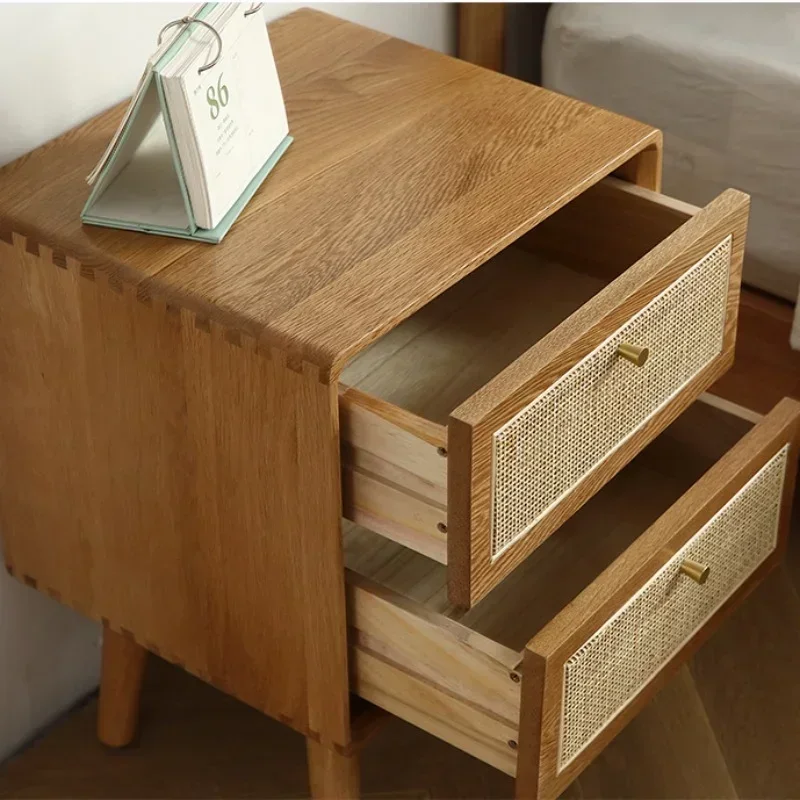 Natural Wood Bedside Cabinet Double Drawer Night Stand Indonesian Rattan Weaving Storage Cabinet Practical Bedroom Furniture