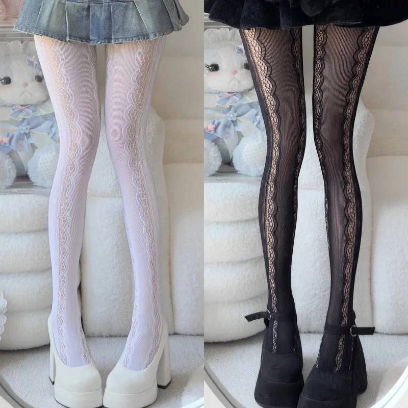 

New Women Lolita lace Jacquard Pantyhose Side Hollow Out Heart Pattern Tights High Stockings Japanese Style JK