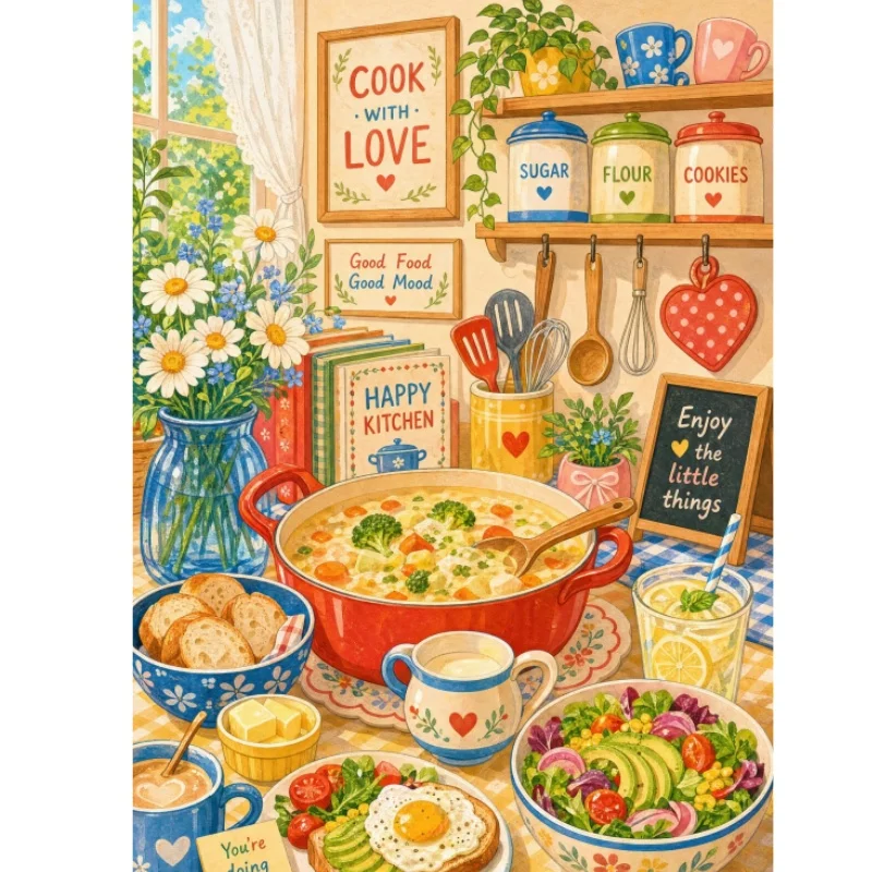 Diamond Painting Warm Home Cooking Scene with Soup and Fresh Food Diamond Mosaic Handmade Art Exquisite Creative Gift Home Decor