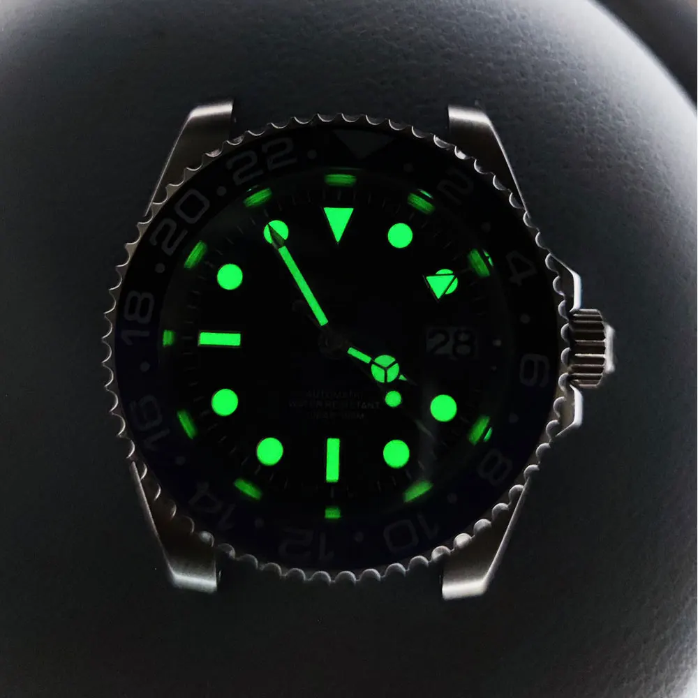 GMT NH34 Movement Watch Case 316L Stainless Steel Sapphire Glass 40mm Dual Turn Ring Waterproof Case C3 Luminous Dial