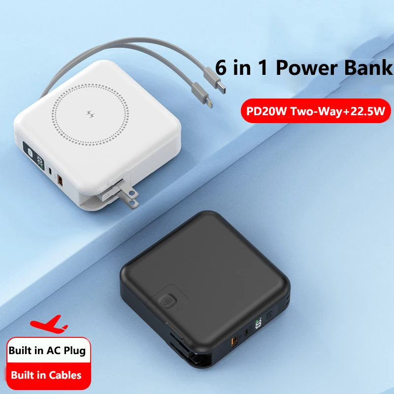 

6 in 1 Magnetic Wireless Power Bank 22.5W Fast Charging Powerbank with Cable Plug Wall Charger for iPhone Huawei Xiaomi Samsung