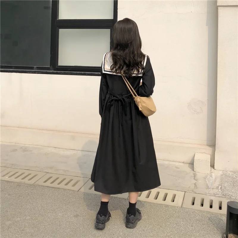 Japan Preppy Style Long Dress Female Clothing Sailor Collar Spring Autumn Contrasting Colors Stylish Patchwork A-Line Dresses