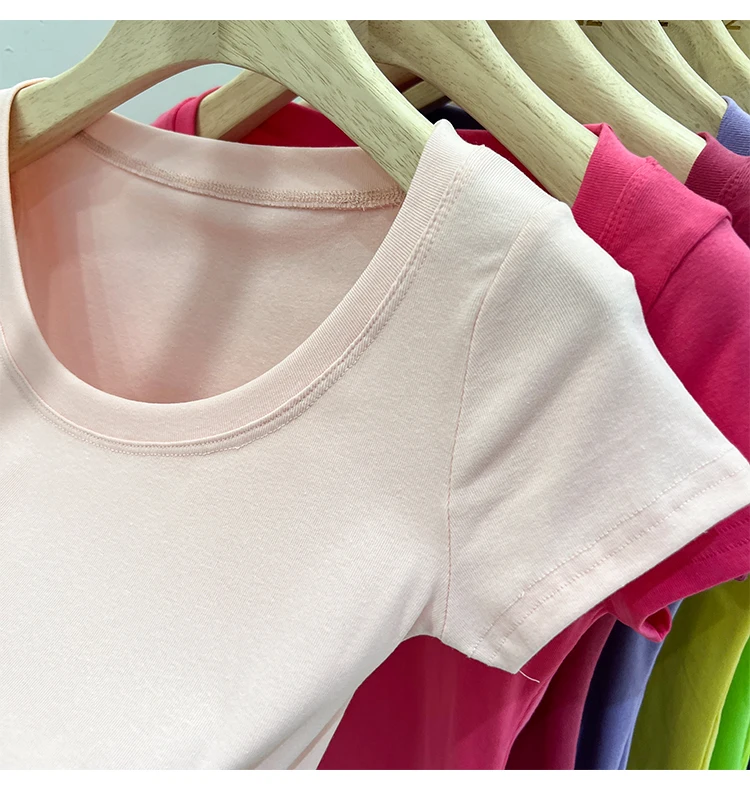 2026 Sexy Quadratischer Ausschnitt Slim T-Shirt Damen Baumwolle Elastisch Basic Einfarbig Lässige Oberteile Kurzarm Dünne T-Shirts Transparent – Detail 15