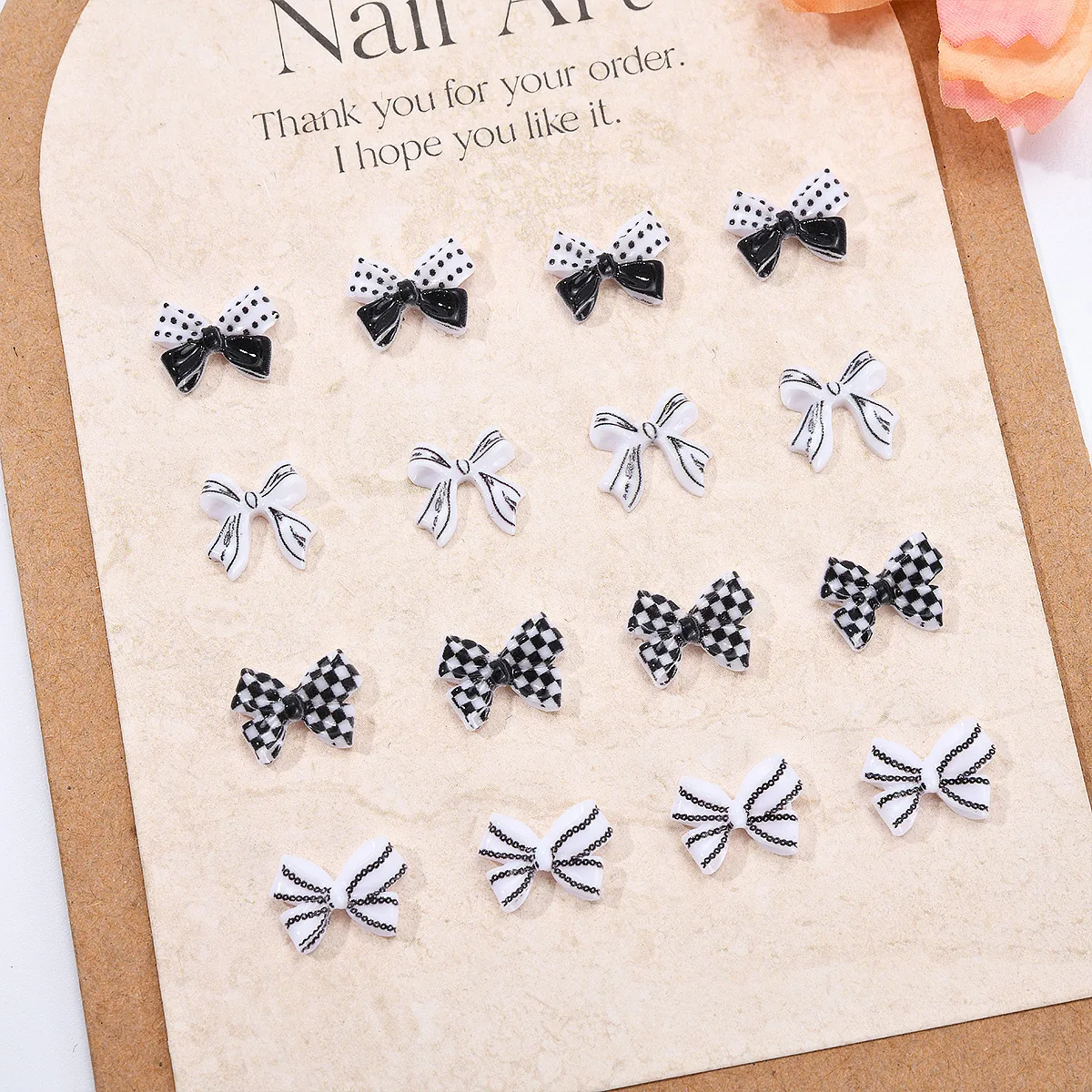 Fita xadrez preto e branco com arco borboleta, nail art encantos, acessórios de decoração, diy, caixa do telefone, novo, 20 pçs/saco