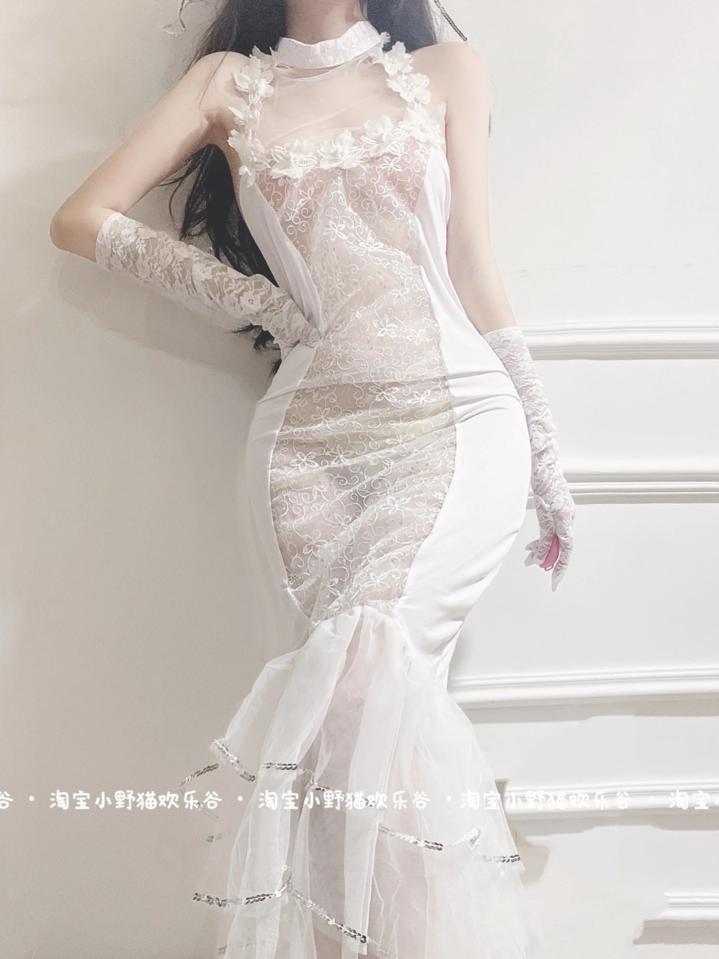 WOMENGAGA thin mesh lace ruffles maxi dress bride cosplay uniform robe transparent thin hot sexy korean women robe sweet GSM7