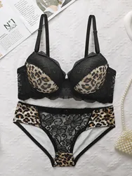 Ladies Leopard Print Lace Bralette Sexy With Steel Ring Lingerie Comfortable Lifting Underwear Triangle Underwear Set B2076