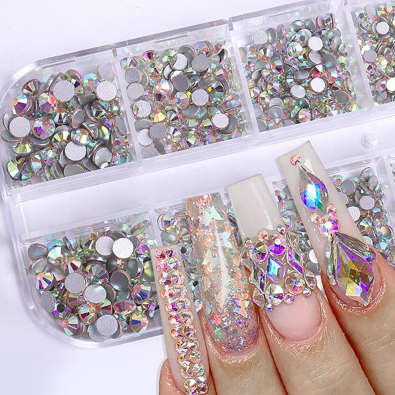 2400pcs+ Shiny Clear Crystal Gems Nail Rhinestones 1.5-4mm Mixed Round Glass Stone Flatback Nail Charms 12grids Nail Diamond DIY