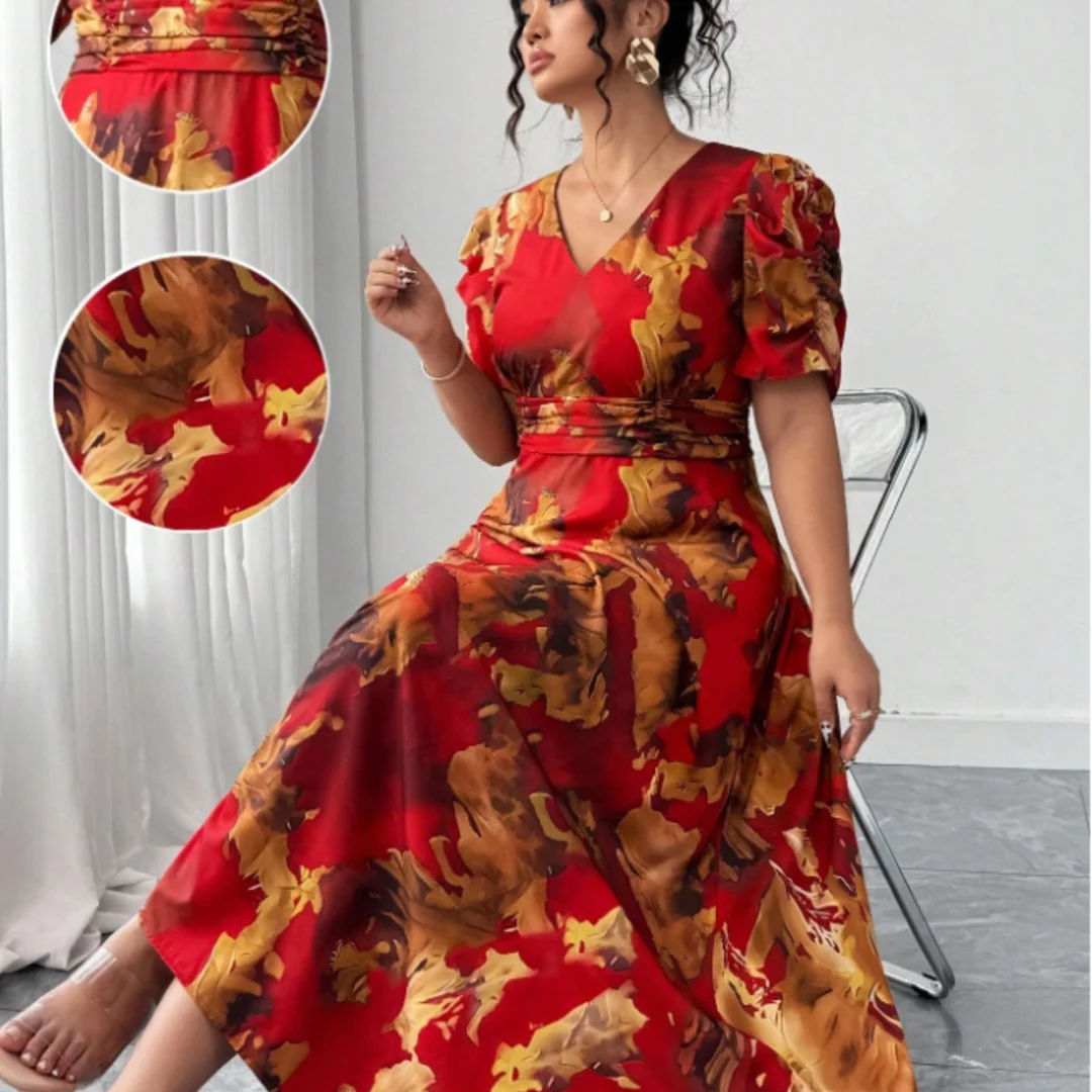 Vestido largo maxi con estampado abstracto rojo de talla grande, vestido largo con cuello en V y mangas abullonadas para mujer, vestido largo elegante con estampado floral para fiesta E