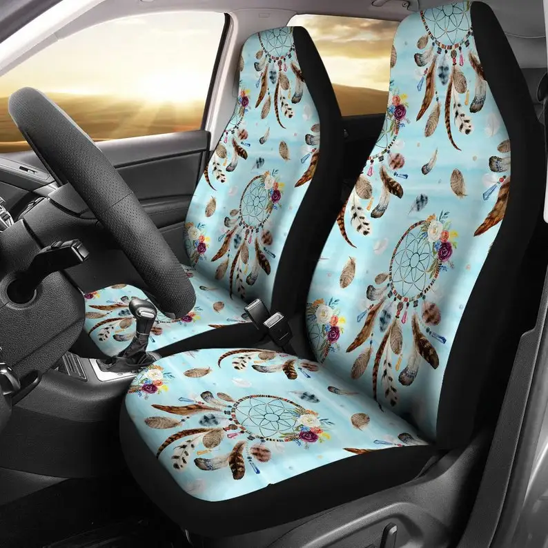 Light Blue Dream Catchers Spiritual Floral Flowers Car Seat Covers Pair, 2 Front Seat Covers, Car Seat Protector, Car Accessorie