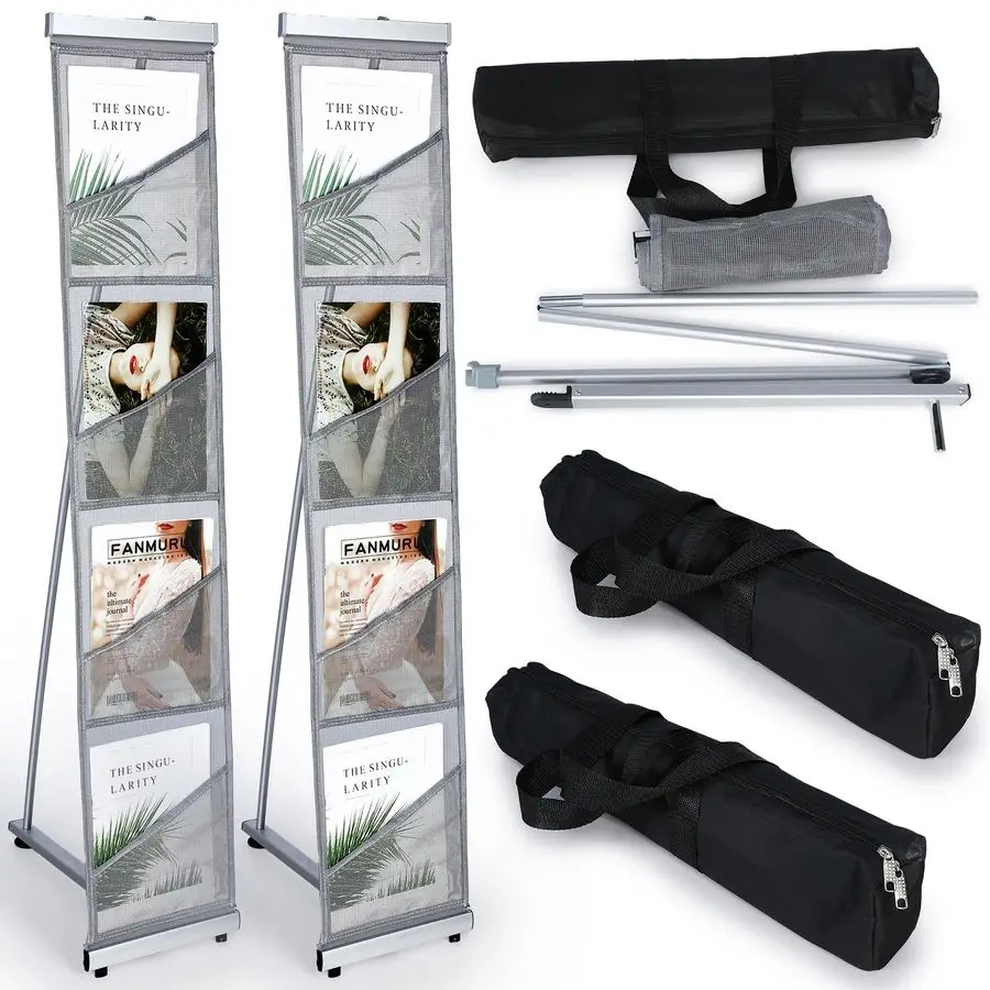 

2 Pcs literature stand magazine display rack with 4 Pocket, Portable Roll up Mesh Foldable trade show display with Carrying Bag,