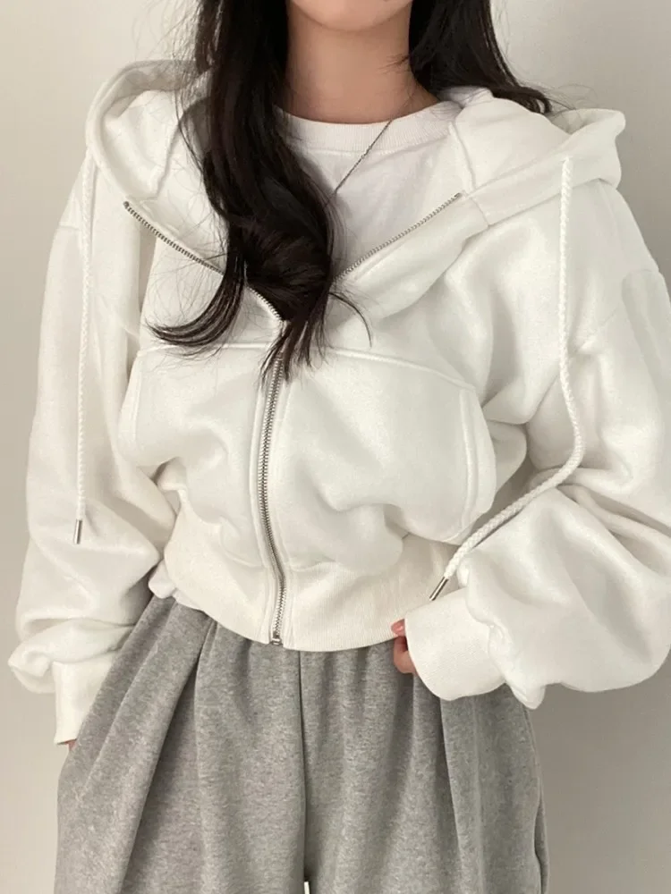 Crop Hood Zip up Hoodie Women Solid Color Oversized Short Coats Autumn Winter lady Pockets Drawstring Hooded Sweatshirts