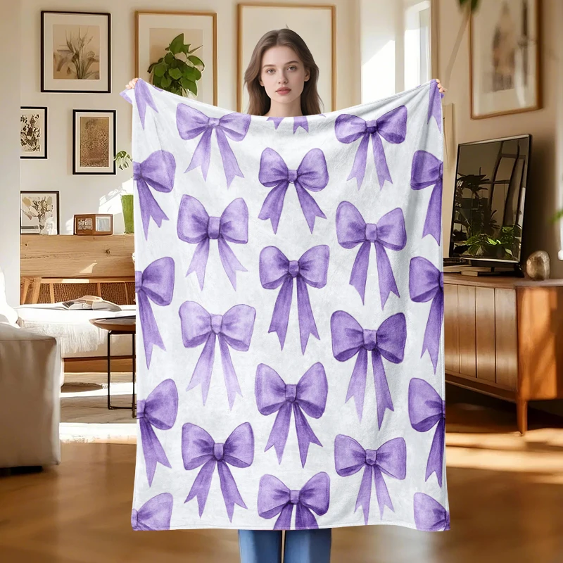 

1 Purple Bow Flannel Throw Blanket for Bed, Sofa, Chair, Desk - Lavender and White Elegant Home Decor Extension - Comfort Fabric