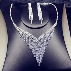 Luxury Geometric Rhinestone Necklace Earrings For Women Long Tassel Jewelry Sets Ladies Party Weddings Accessory