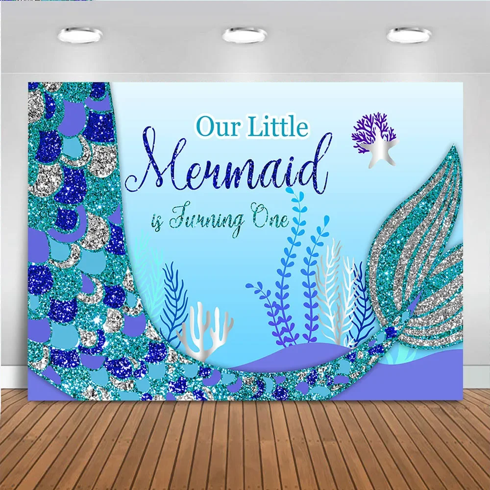 Little Mermaid Backdrop Cartoon Girl's 1st Birthday Party Background Under the Sea Photography Glitter Fishtail Photo Studio