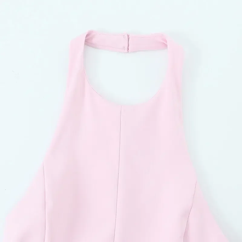 

Осень 2021, однотонное короткое платье в европейском и американском стиле с открытой спиной и без рукавов, с висячим воротником