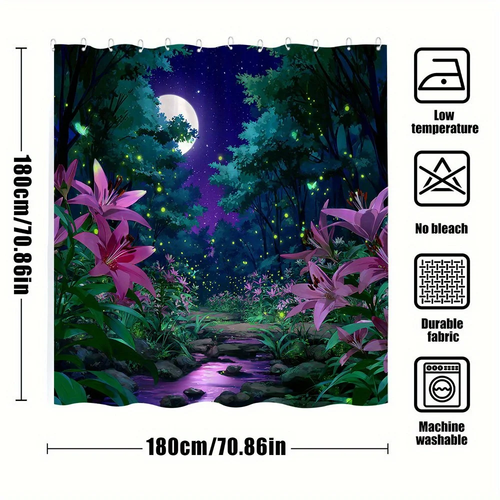 قطعة واحدة من ستارة دش غابة الرسوم المتحركة المسحورة - الزنابق الوردية المضاءة بالقمر، اليراعات المتوهجة وتصميم السماء الليلية المرصعة بالنجوم - بوليستر متين