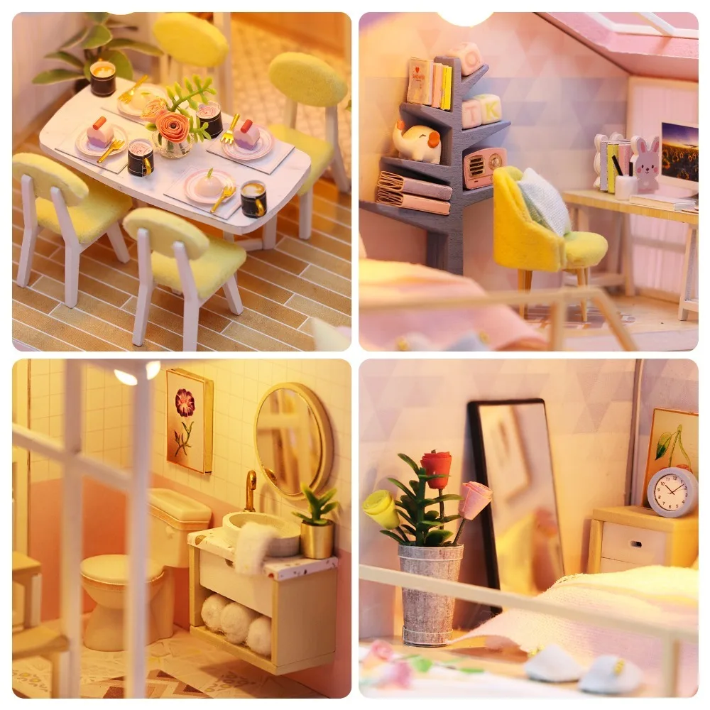 Creative LED Light DIY Wooden Dollhouse Furniture Included Miniature Dollhouse Kit Craft Dollhouse