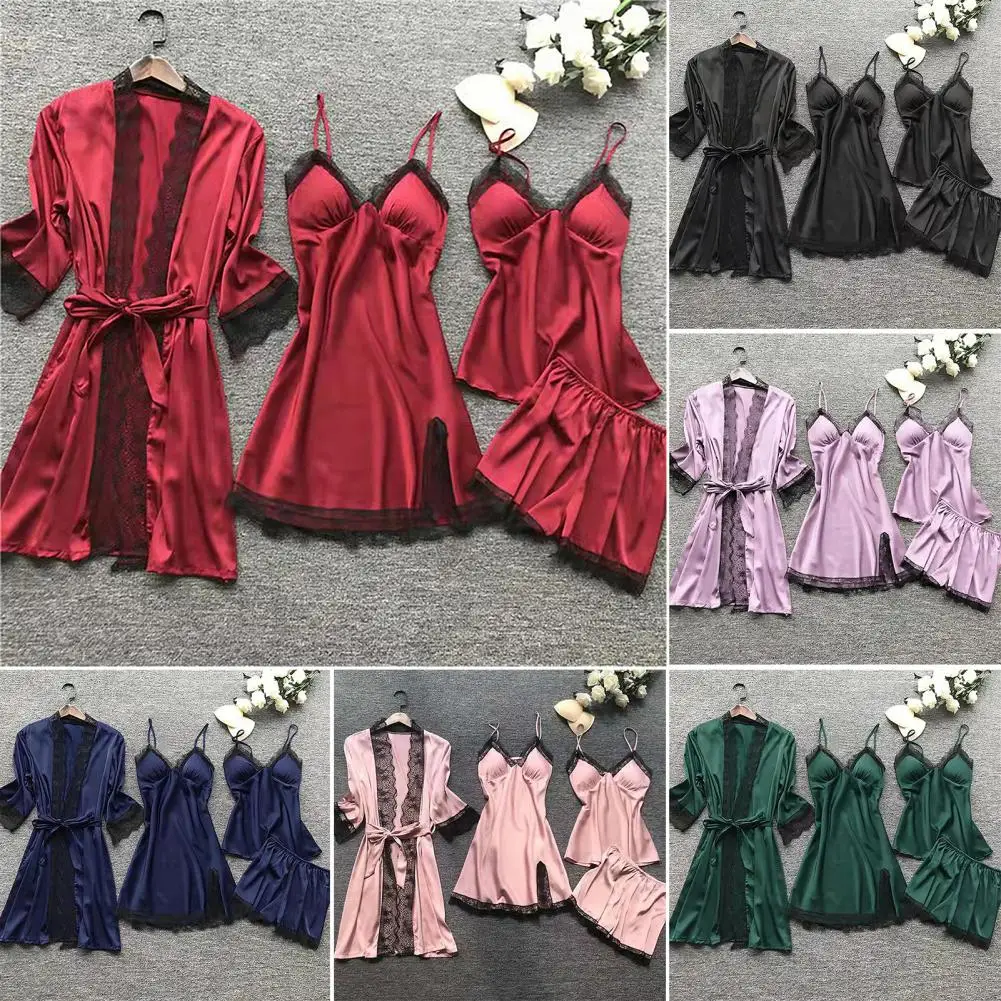 Women Pajamas Silky Lace Pajamas Set with Spaghetti Strap Top Pleated Cardigan Coat Matching Shorts Women's Homewear Clothes