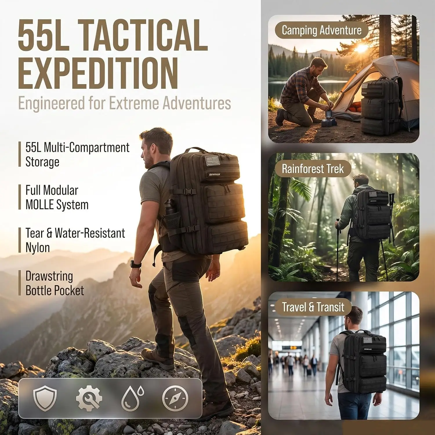 Large 60L Tactical Backpack Assault Outdoor Backpack Travel Bag Molle Waterproof Climbing Rucksack Camping Hiking Mochila Bags
