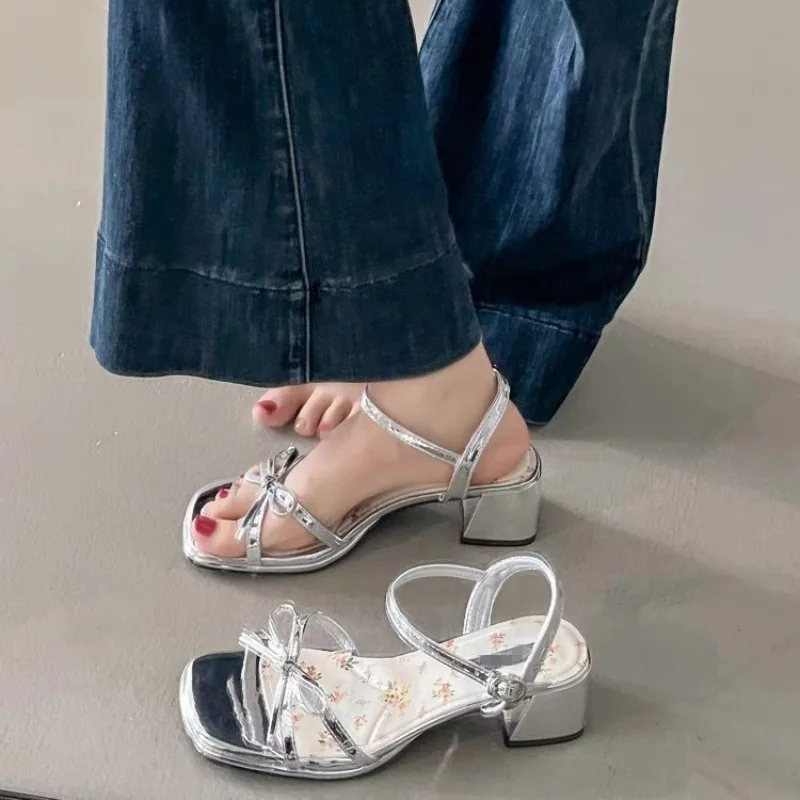 

Women's Sandals Fairy Sweet Style Bowknot Thick Heeled Sandals Summer Square Head Open-toe French Style Sandals Sandalias Mujer