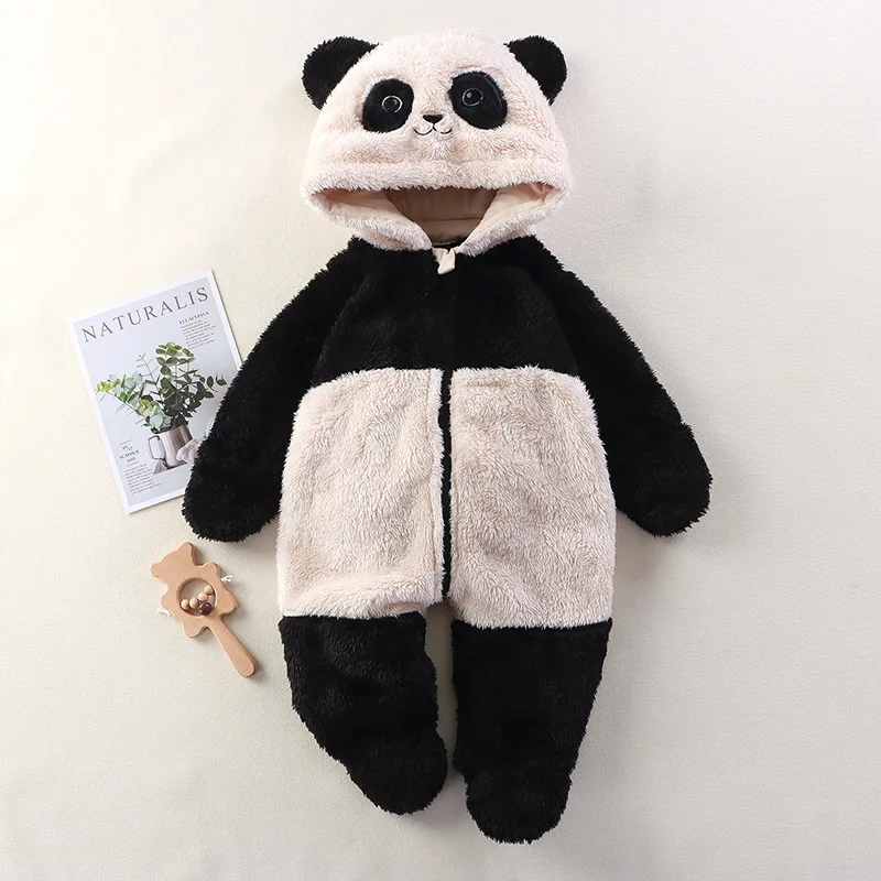 

2025 Newborn 0-12M Baby Plush Onesie Autumn Winter Cartoon Panda Jumpsuit Fluffy Baby Romper Hooded Warm Outwear