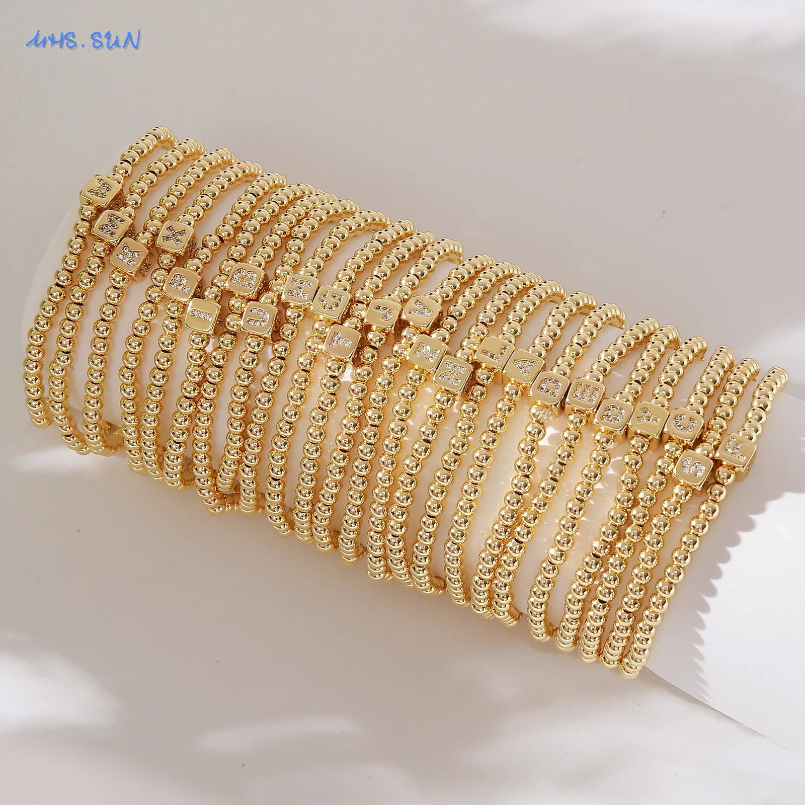 

MHS.SUN Gold Plated 4MM Beaded Bracelets Classic Zircon Block 26 Letter Charm Bracelet Handmade Initial Jewelry For Women Men