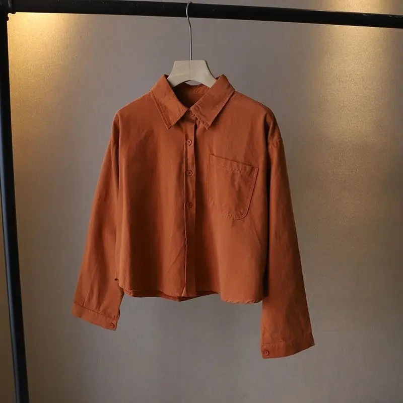 

Свободная корейская блузка с длинными рукавами и карманами в стиле пэчворк, женская одежда, весенне-осенняя однотонная универсальная модная рубашка, топы, повседневный тренд