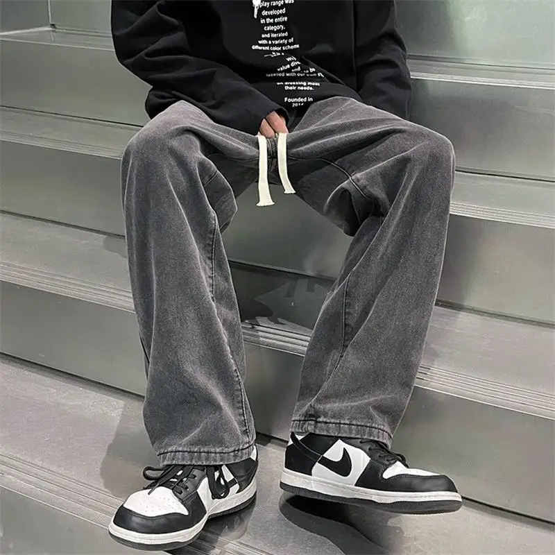 

Trendy Men's Jeans Casual Loose Straight Leg Spring Autumn Dstring Closure Workwear Long Pants Youth Faion No Brand