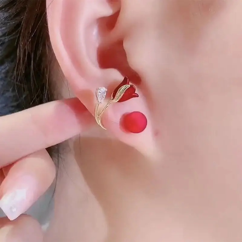 Korean Fashion Luxury Jewelry Earings Red Tulip Flower Imitation Pearl Elegant Sweet Earrings For Women Gifts Stud Earrings 2023