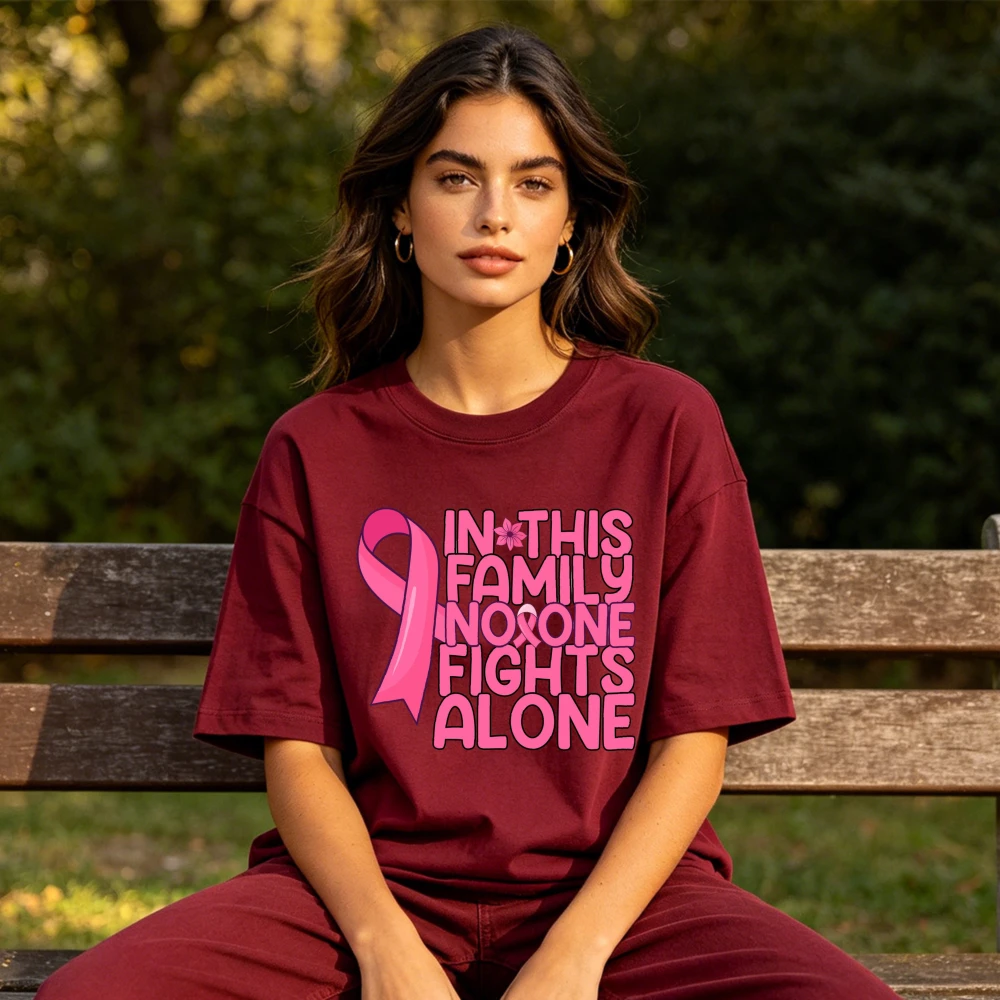 In This Family No One Fights Alone Pink Ribbon Letter Graphic Women Summer Tshirt Breast Cancer Family Support Inspirational Tee