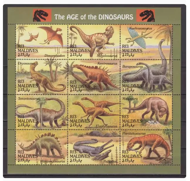 Malediven 1994, prähistorische Tiere, Dinosaurier-Souvenirblatt, 12 Stempel, Sammlerstück, Briefmarken, Material für Scrapbooking – Detail 1