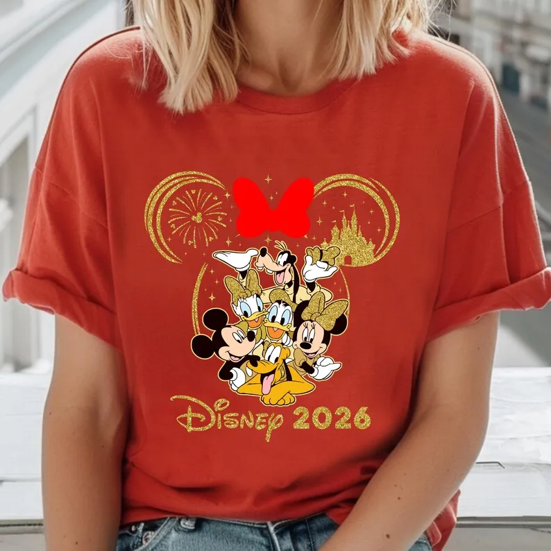2026 حار سنة جديدة سعيدة ديزني الأصدقاء تي شيرت جديد المتضخم الرجال والنساء زوجين ملابس الشارع غير رسمية P29