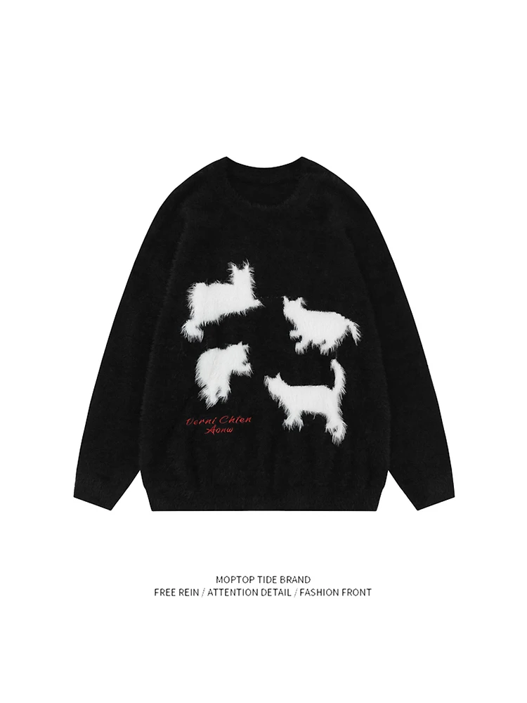 

American Retro Rabbit Silhouette Mink Fur round Ne Knitwear Men's Loose Autumn Versatile Couple's Casual Long Sve Sweater
