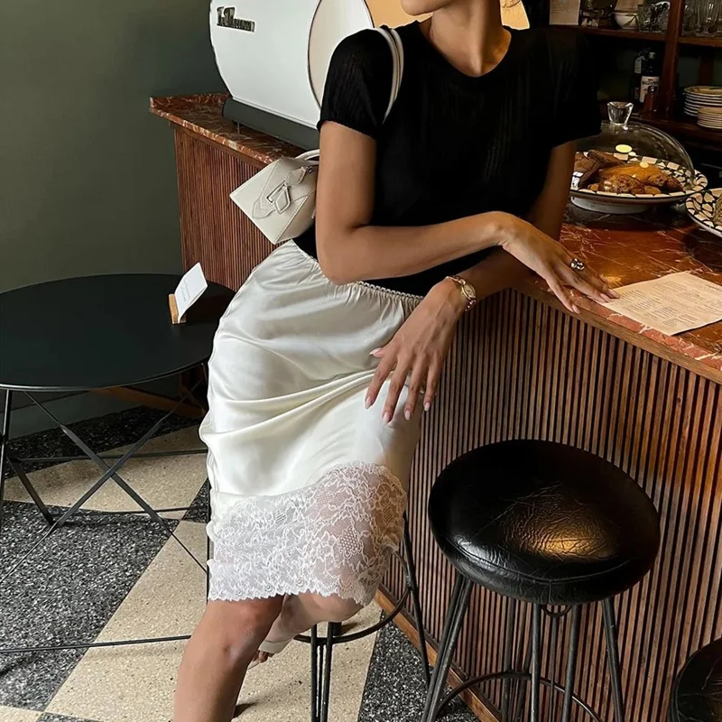 Nuove donne gonna longuette con orlo in pizzo gonne lunghe patchwork in pizzo sottile in raso gonne lunghe eleganti da ufficio a vita alta bianche