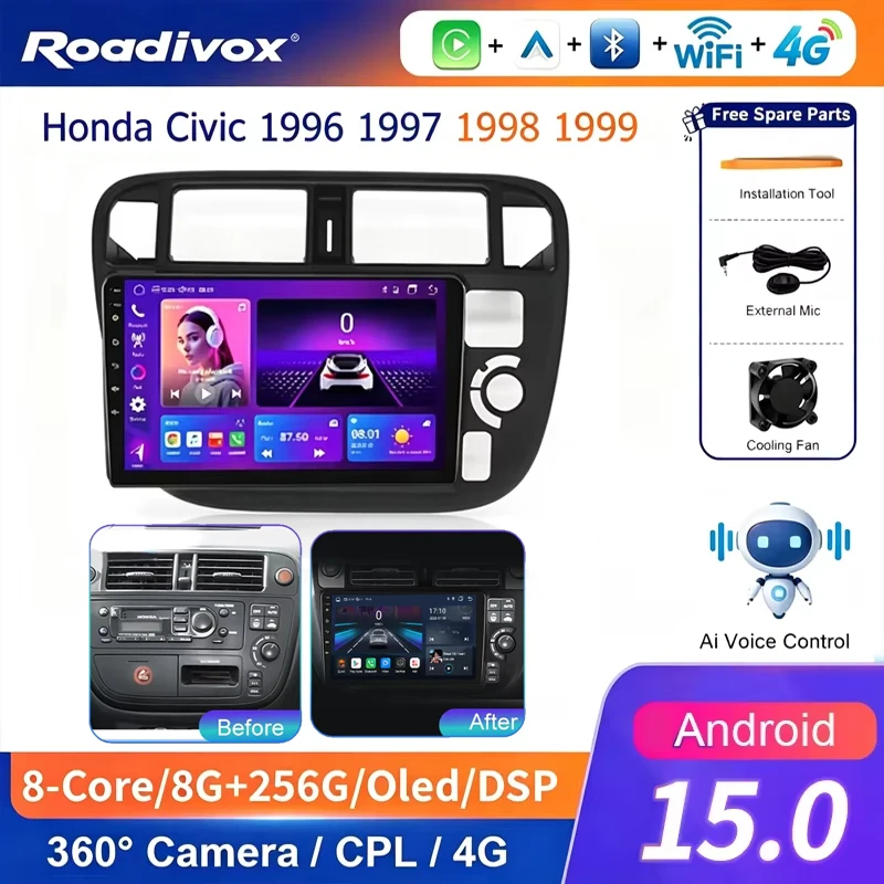 AI VOICE Android Car Radio Multimedia player for Honda Civic 1996 1997 1998 1999 GPS Navigation Stereo Screen Video Tape
