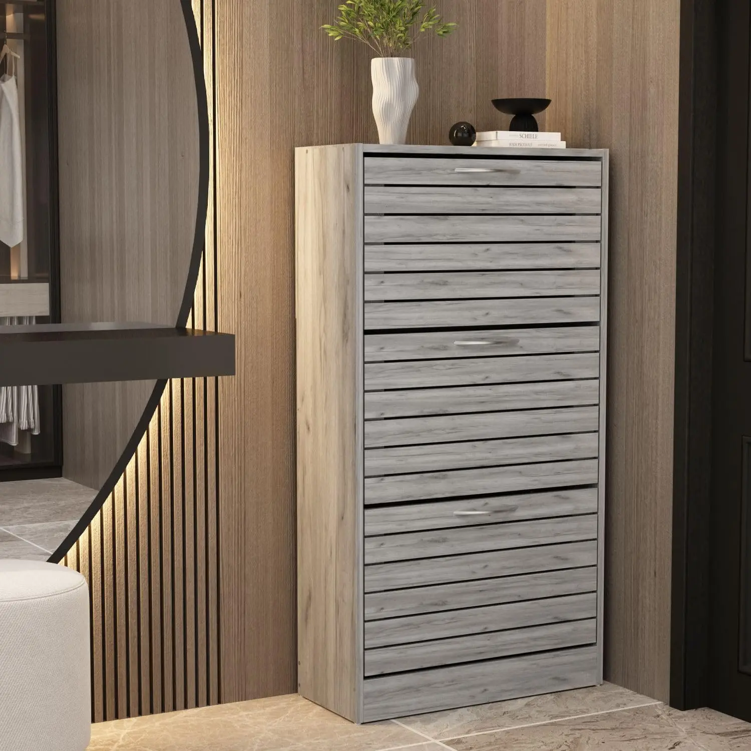 Modern Shoe Cabinet with 3 Flip Drawers, Freestanding Shoe Storage Cabinet,Shoe Storage Organizer for Hallway Entryway Grey