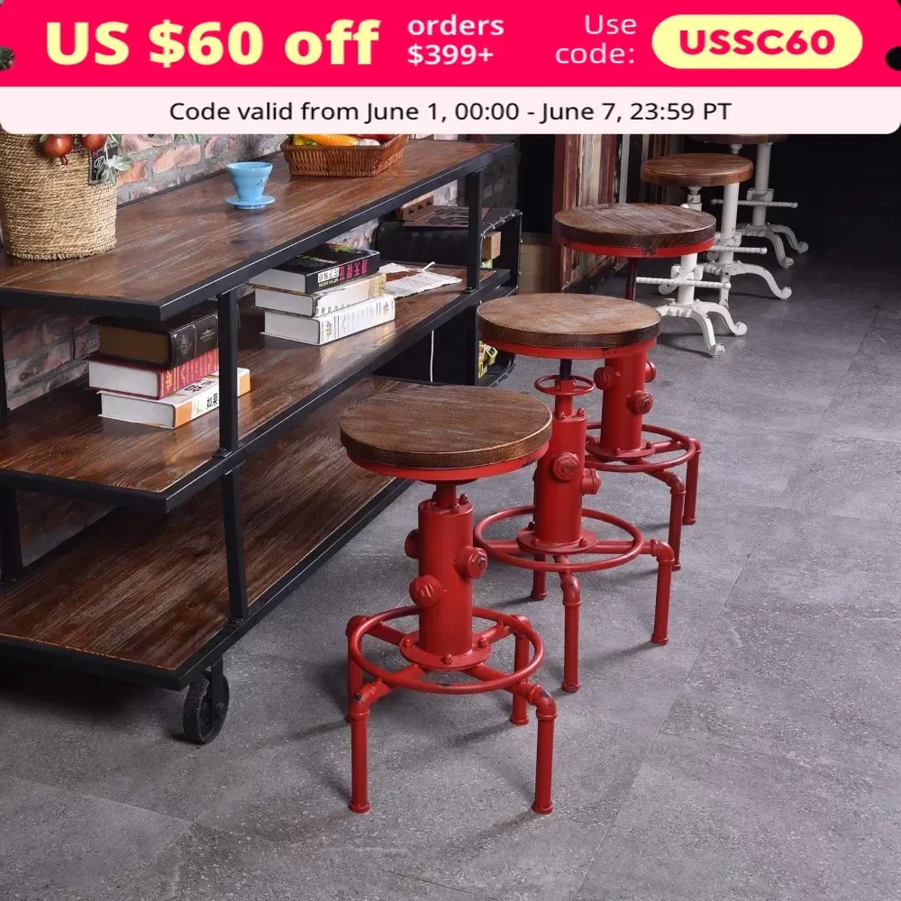 

Bar Stools Industrial Barstool Solid Wood Water Pipe Fire Hydrant Design Cafe Coffee Industrial Bar Stool Set of 2