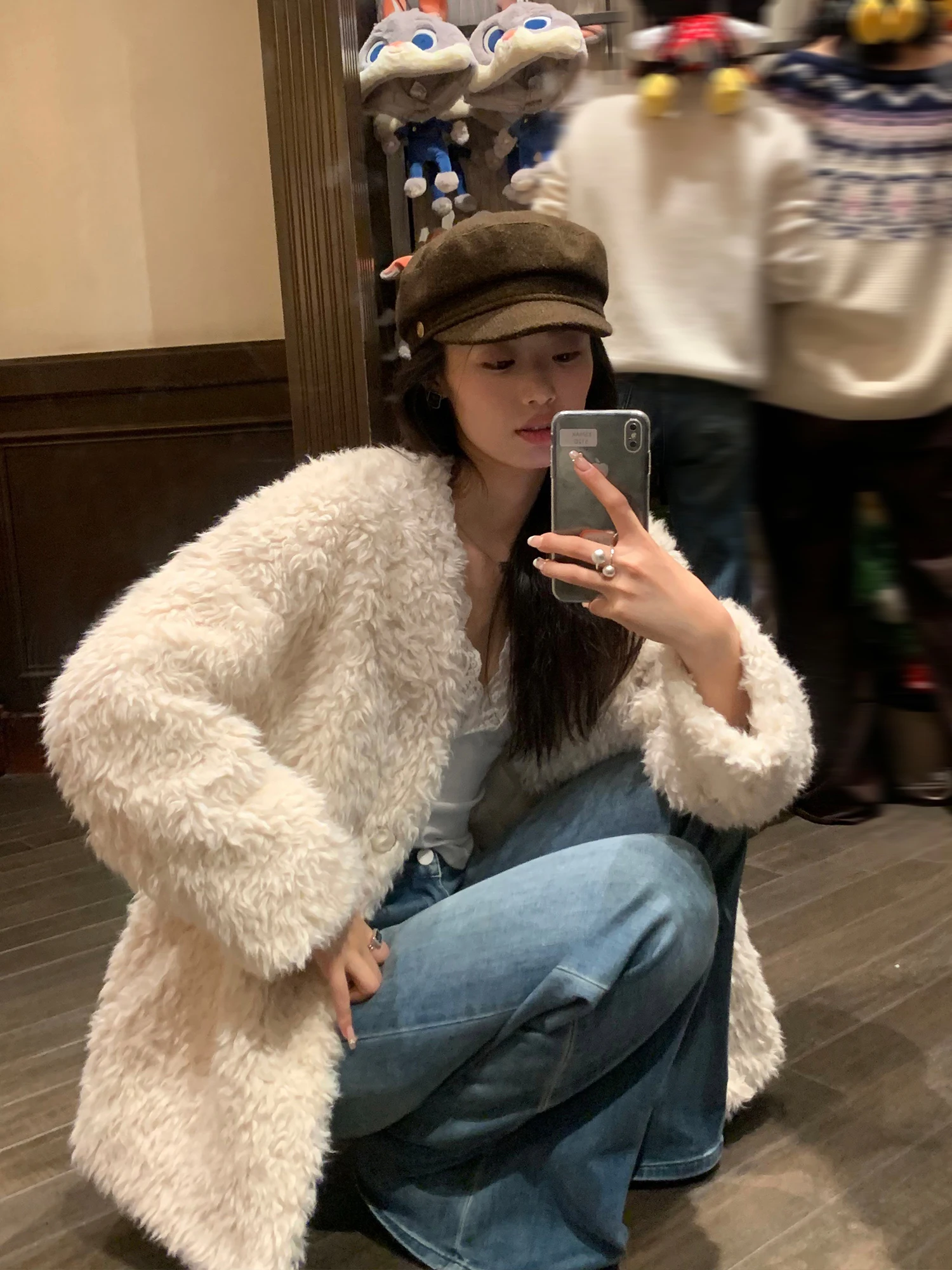 

Pusumede Thiened Lamb Fur Coat Women's Warm Cotton V-Ne Faux Fur Jaet Casual Sle Long Sve Loose Fit Winter Coat