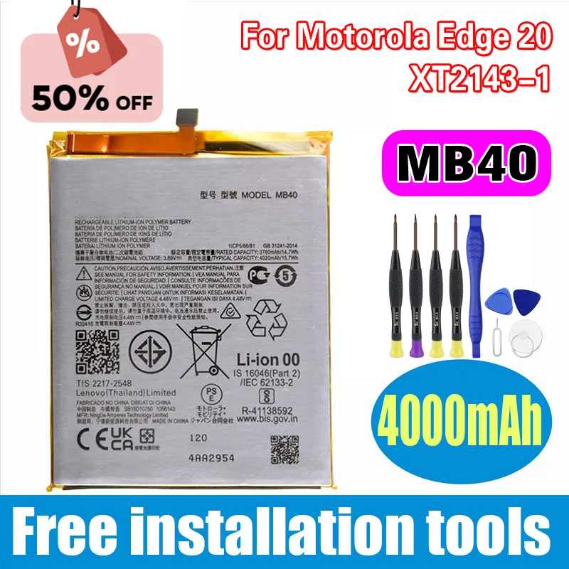 

High-Quality MB40 4000mAh Battery for Motorola Edge 20 XT2143-1 Phone Batteries+Tools.