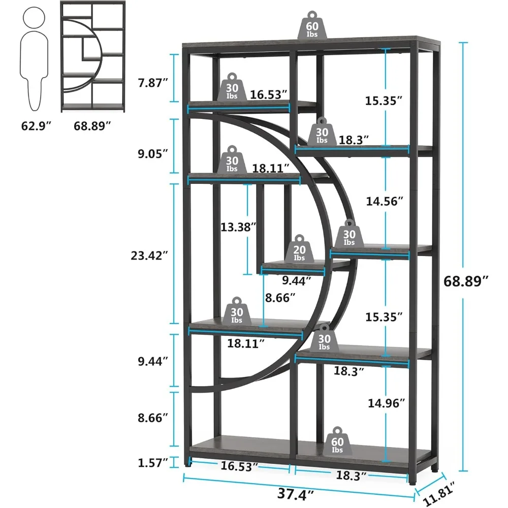 5 Tier Etagere Bookcase, Freestanding Tall Bookshelves Display Shelf Storage Organizer with 9-Open Storage Shelf for Living Room